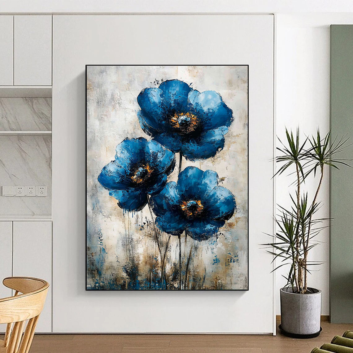 Abstract Blue Flower Painting features vintage flowers art on canvas perfect for enhancing your wall decor and creating a serene atmosphere.STSC040