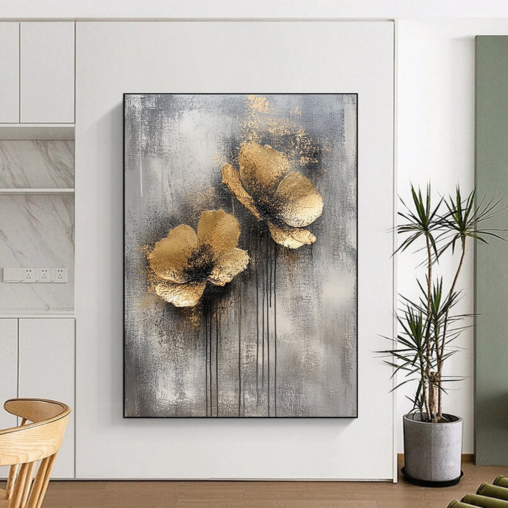 Large abstract painting featuring silver and gold on a grey background creating an atmospheric and captivating visual experience.STSC486
