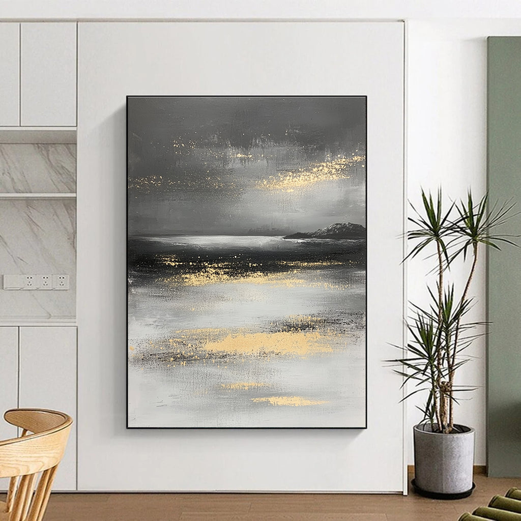 Large abstract painting in gray and white with gold accents depicting a mysterious ocean landscape and misty island.STSC064