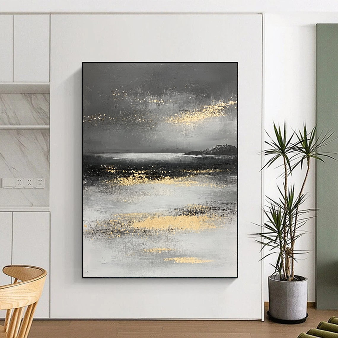 Large abstract painting in gray and white with gold accents depicting a mysterious ocean landscape and misty island.STSC064