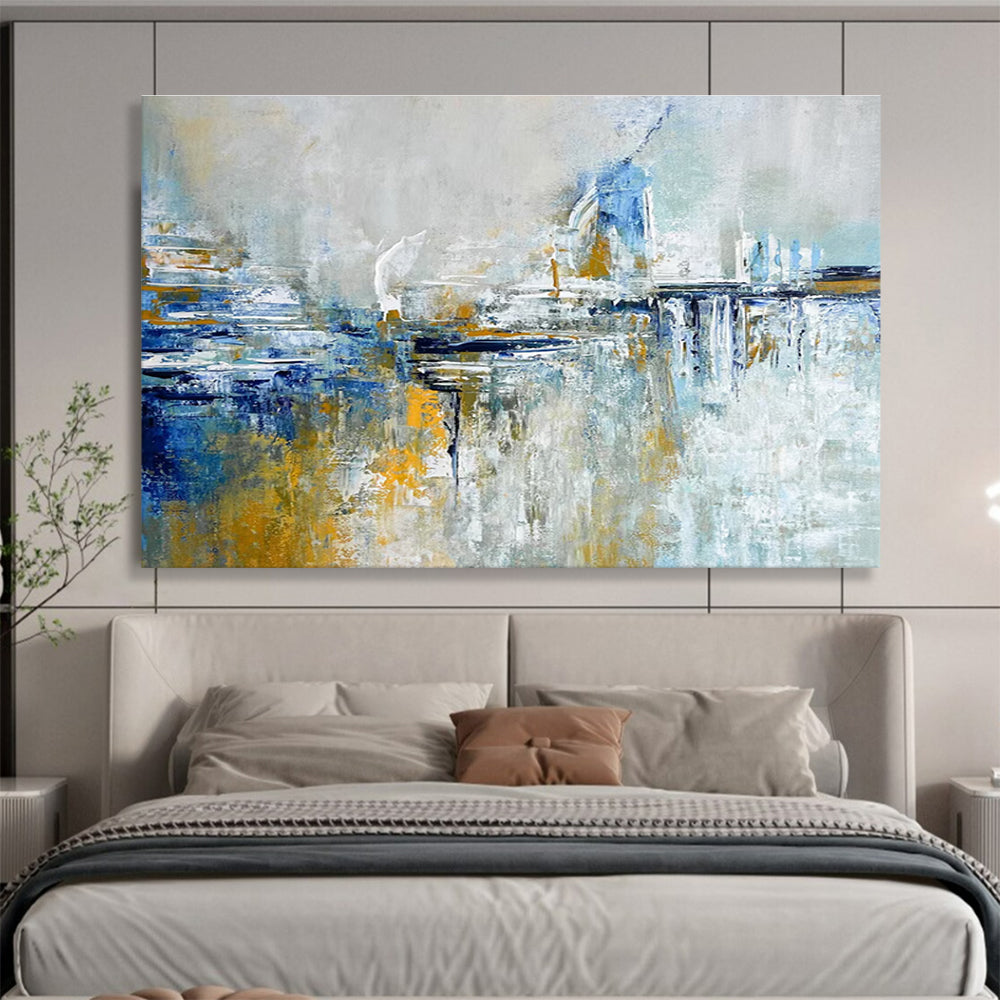 Cityscape Abstract Painting with Blue, Gray, and Gold THY347
