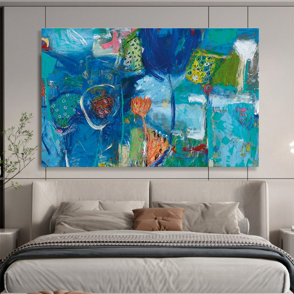 Blue Floral Abstract Painting with Colorful Accents THY234
