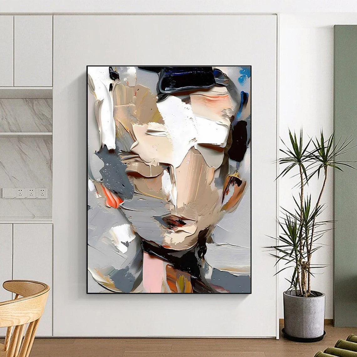 Color - layered Portrait Abstract Painting with Gray and Beige ADGE320