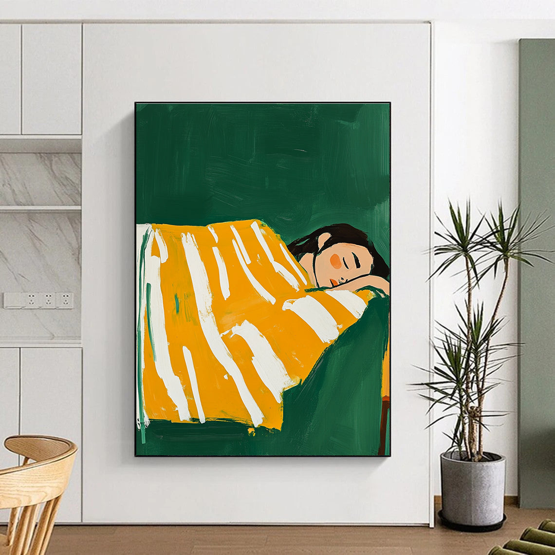A large abstract painting featuring a woman in a yellow and white striped blanket sleeping on a couch with a vibrant green background.STSC1267