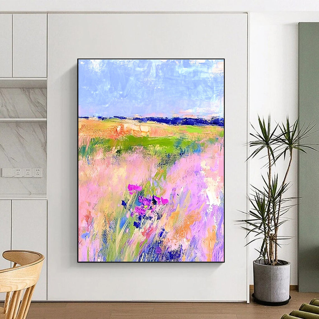 Large abstract painting in Matisse style with pastel hues vibrant colors and broad brushstrokes capturing the essence of springtime nature.STSC1018