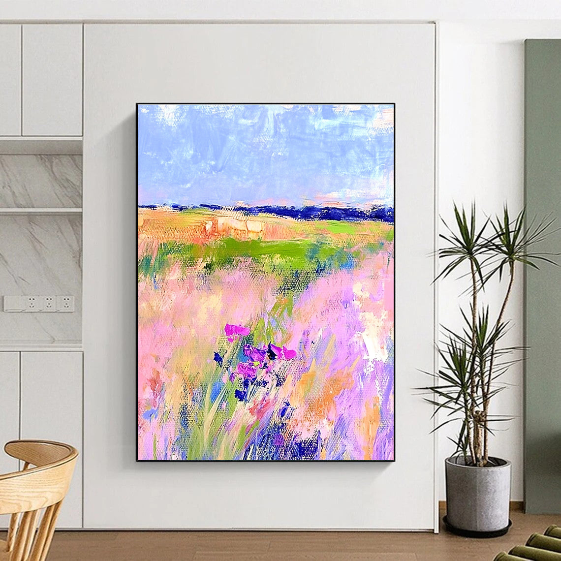 Large abstract painting in Matisse style with pastel hues vibrant colors and broad brushstrokes capturing the essence of springtime nature.STSC1018