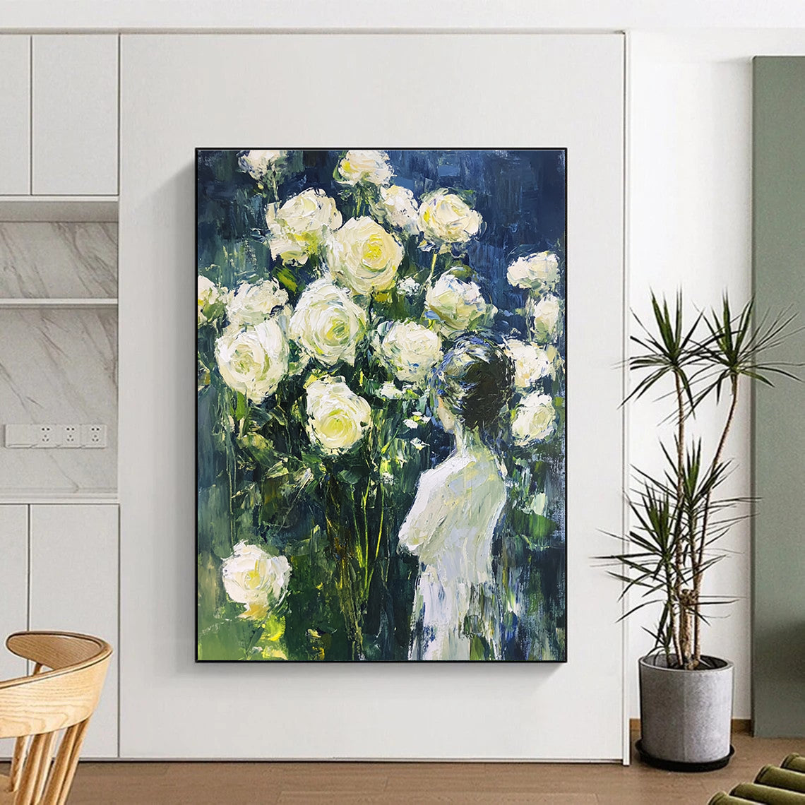 Abstract painting of fluid white roses on a dark blue background with light green accents, perfect for enhancing any space.STSC1489
