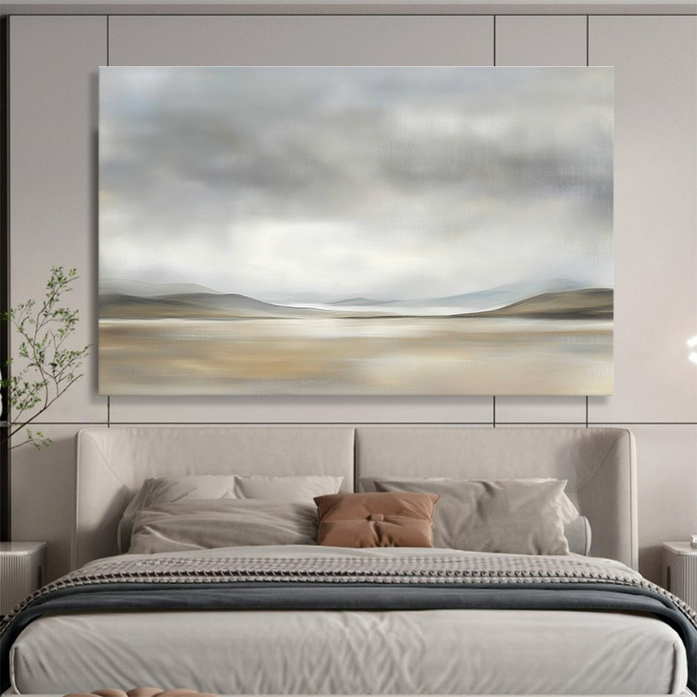 Large abstract painting depicting the Scottish Highlands with muted colors and soft brushstrokes, creating a serene and peaceful atmosphere.SC073