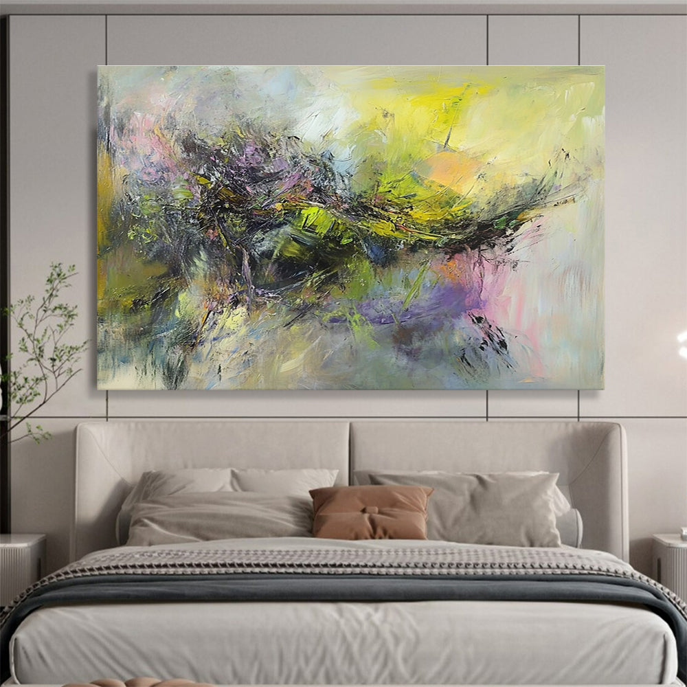 Large abstract painting of a battlefield with thick brush strokes in muted greens yellows pinks and purples depicting movement and chaos.SC305