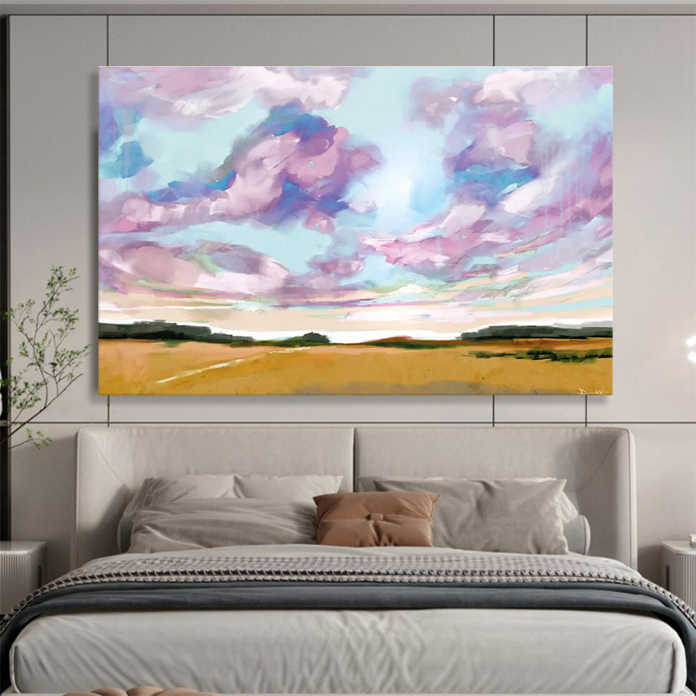Sky and Field Abstract Painting with Colorful Clouds and Golden Fields THY149