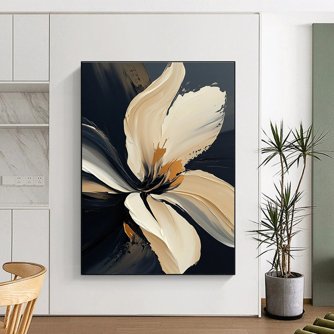 Large abstract painting of a textured white flower with bold strokes and gold accents on a dark gray background.STSC295