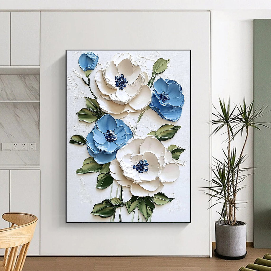 Abstract painting featuring textured white and blue flowers on a white background with green leaves and vibrant brushstrokes for a light tone.STSC1471