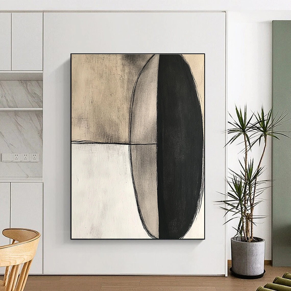 Large abstract painting featuring an oval shape in black ink and charcoal on textured cream canvas with a modern minimalistic style.STSC663