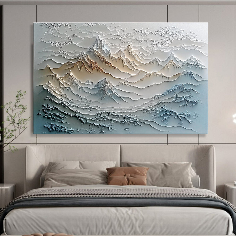 A large abstract painting featuring textured layers of mountains and rivers in vibrant colors, set against a misty, tranquil landscape.SC624
