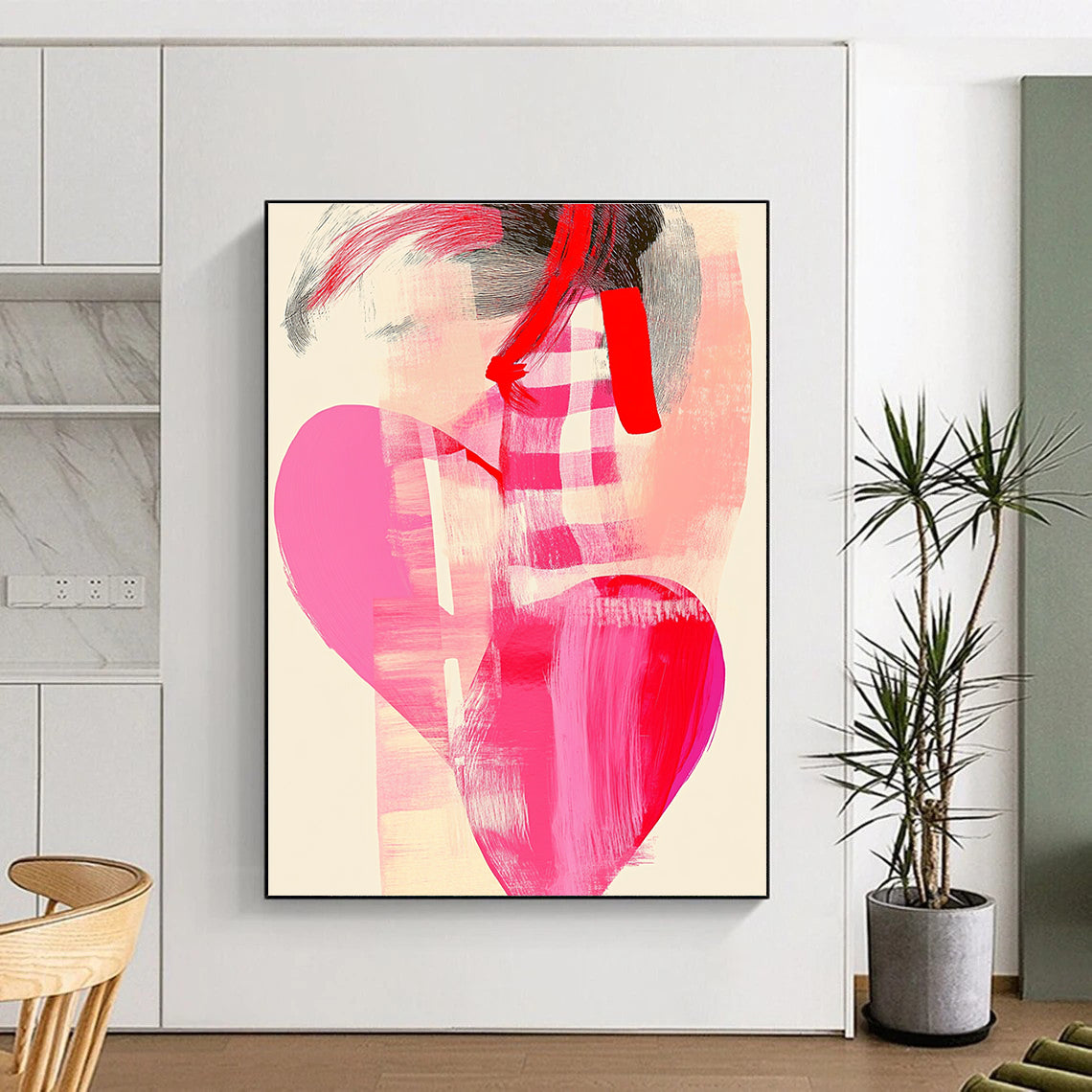 A large abstract painting featuring a pink heart and checkered pattern with organic chest shapes in soft pastels and red line art.STSC858