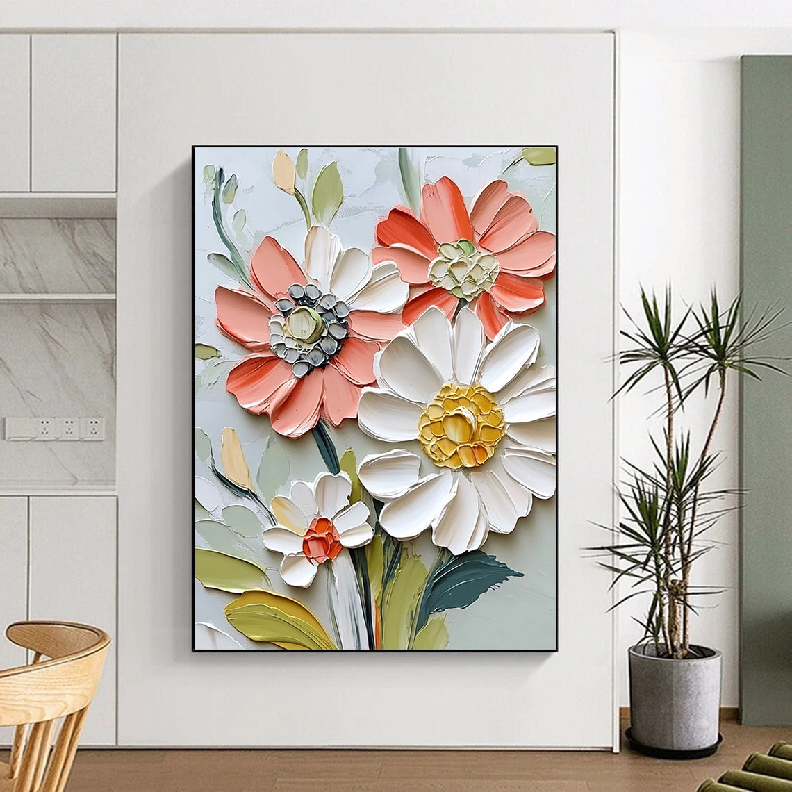 Large abstract painting of textured flowers in vibrant colors featuring a close-up of a delicate daisy-like bloom in a vintage modern style.STSC1126