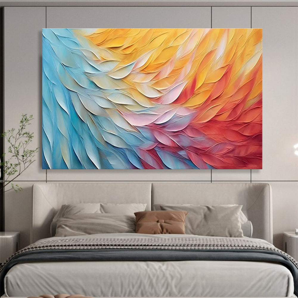 Colorful Feather Abstract Painting with Blue, Yellow, and Red Hues THY201