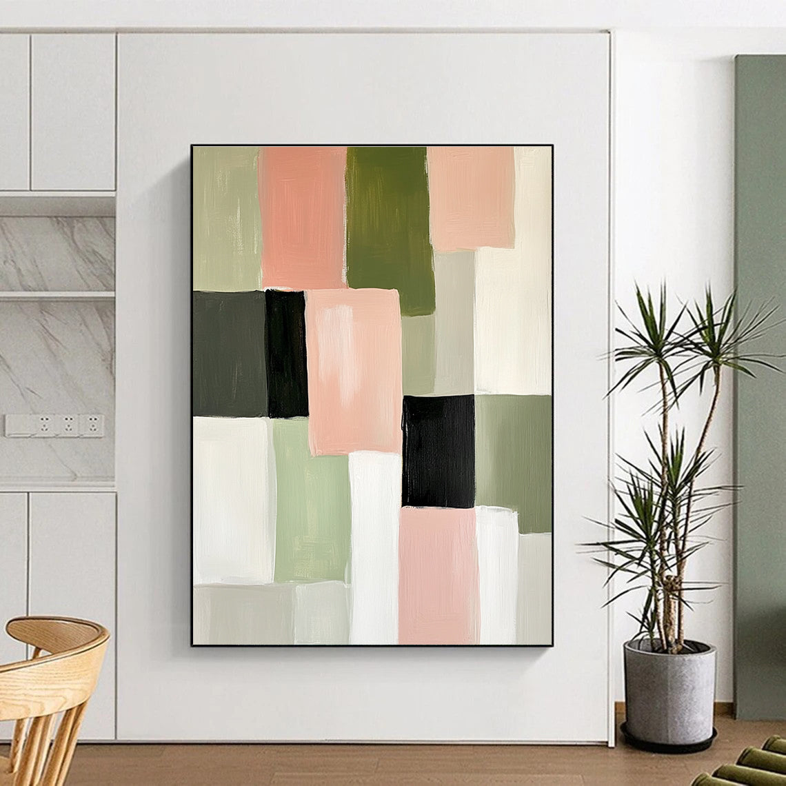 Abstract painting featuring soft pink green and white blocks of color creating an elegant minimalist composition perfect for modern decor.STSC448