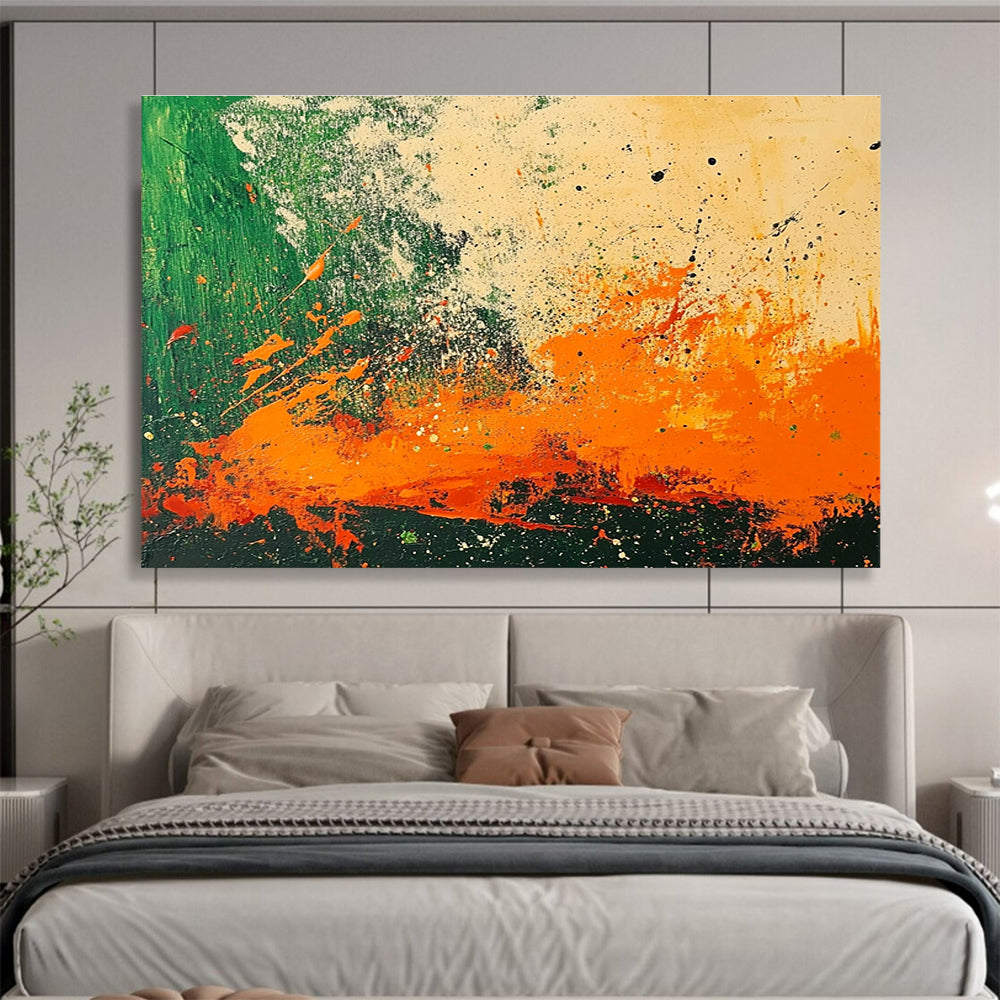 Energetic Splatter Abstract Painting with Green and Orange DYP223