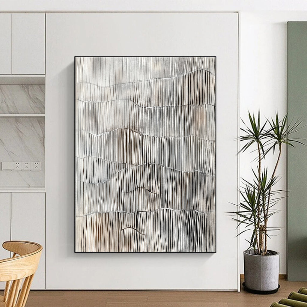 Gray and White Line Abstract Painting with Wavy Rhythms GER105