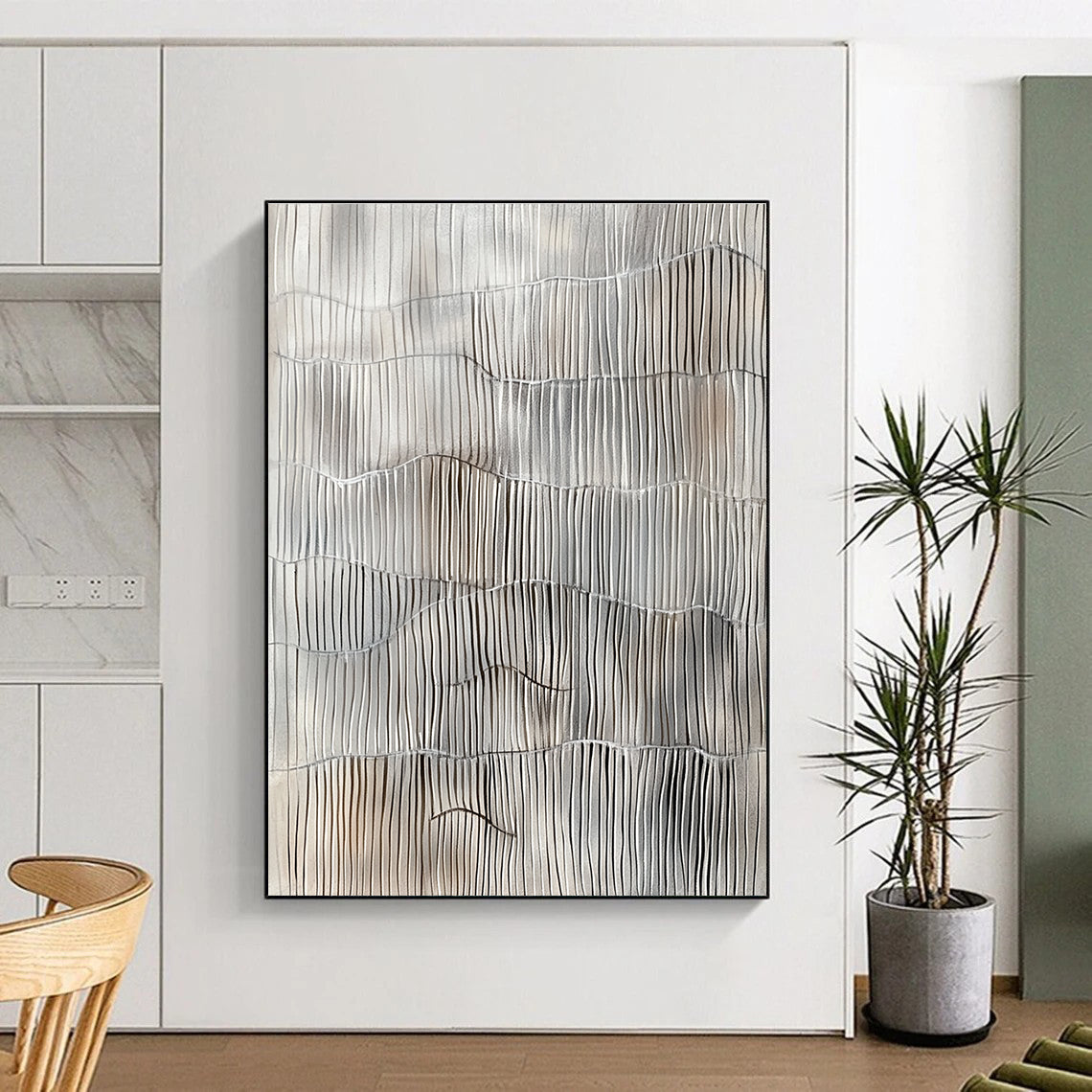 Gray and White Line Abstract Painting with Wavy Rhythms GER105
