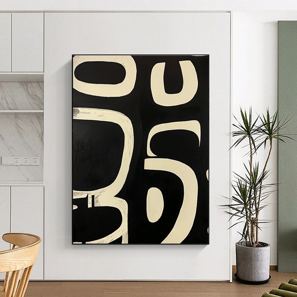 Black White Curved Forms Abstract Painting GER823