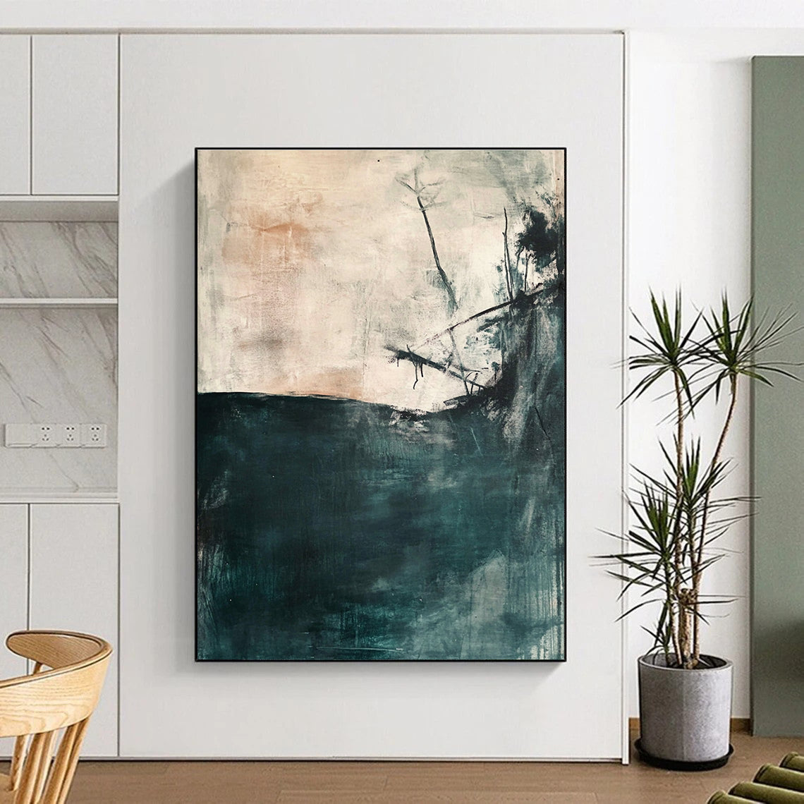 Large abstract painting depicting an underwater scene in soft gray and teal tones with minimalistic loose brushwork and neutral colors.STSC276