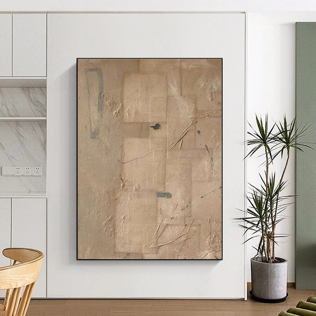 Beige Geometric Abstract Painting with Added Elements ADGE336
