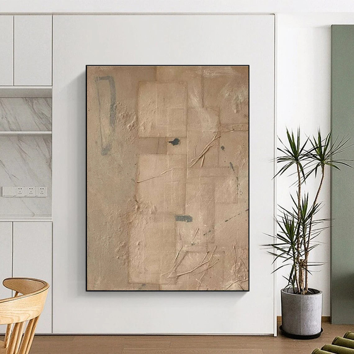 Beige Geometric Abstract Painting with Added Elements ADGE336