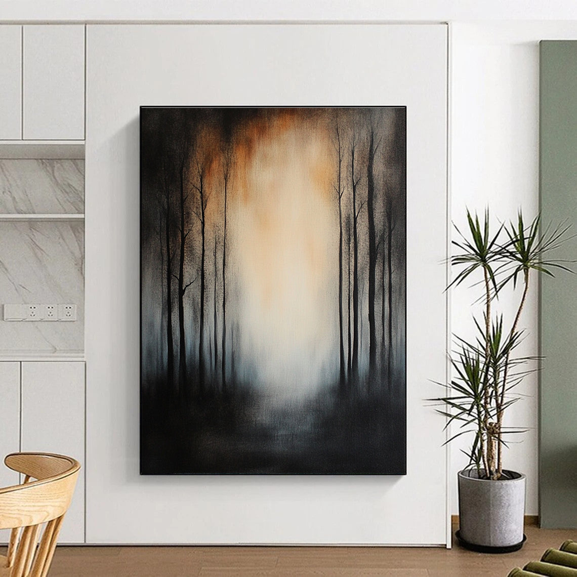 Large abstract painting featuring tall trees in a misty forest with dark gray and black tones and muted colors against a dark background.STSC195