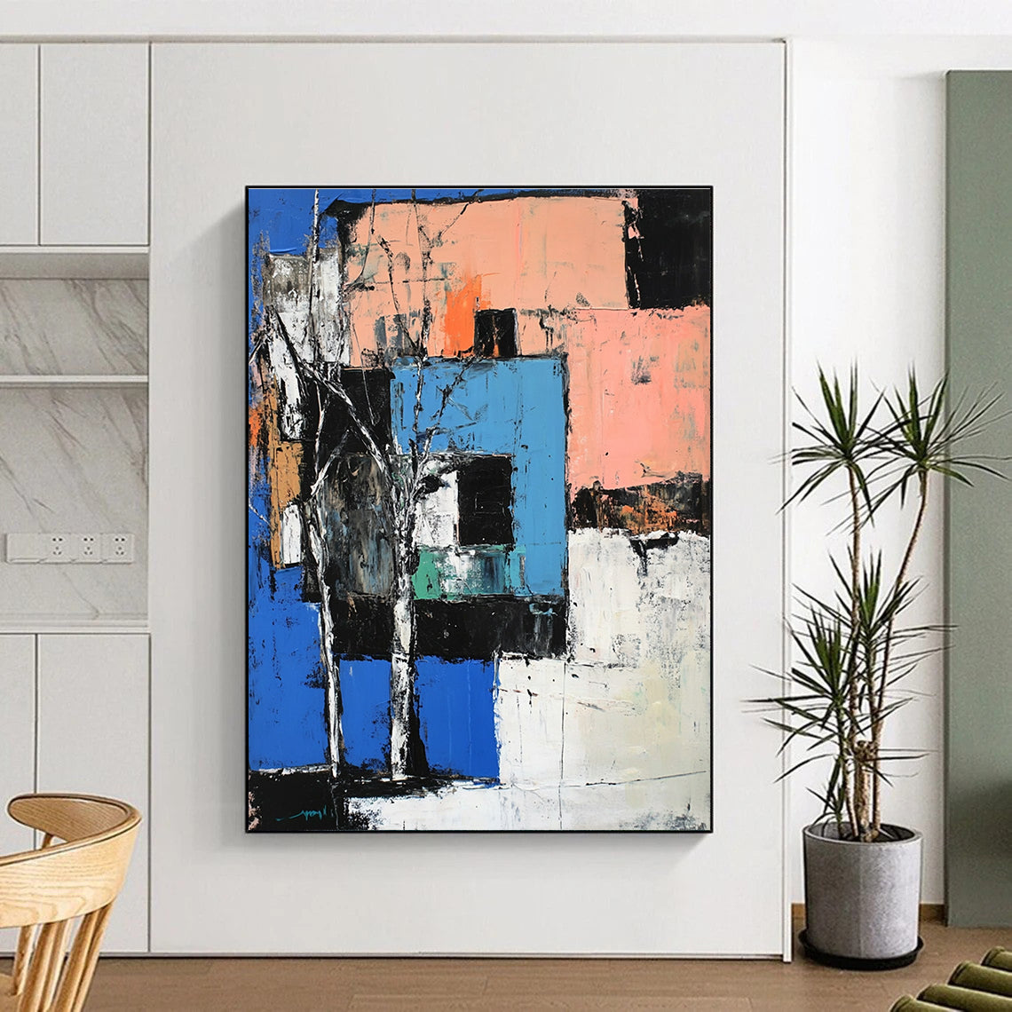 Large abstract painting of a building in blue peach and white inspired by expressive styles of John Marin and Richard Diebenkorn.STSC1108