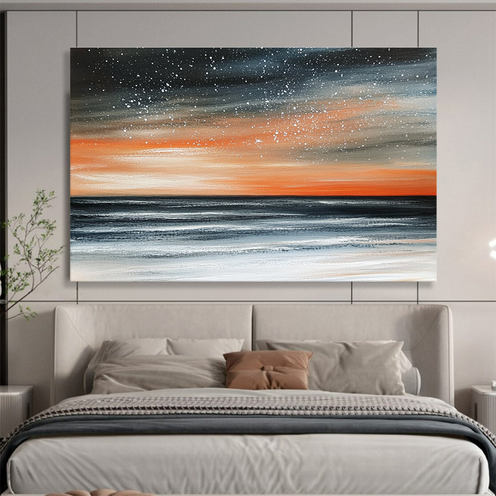 Starry Sea Sunset Abstract Painting with Orange Black and White DYP289