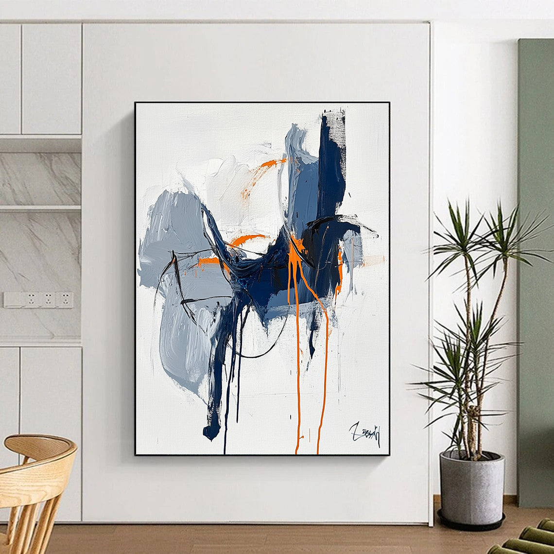 Large abstract painting featuring blue and orange lines draping organically with a black outline set against a white background in an expressionist style.STSC676