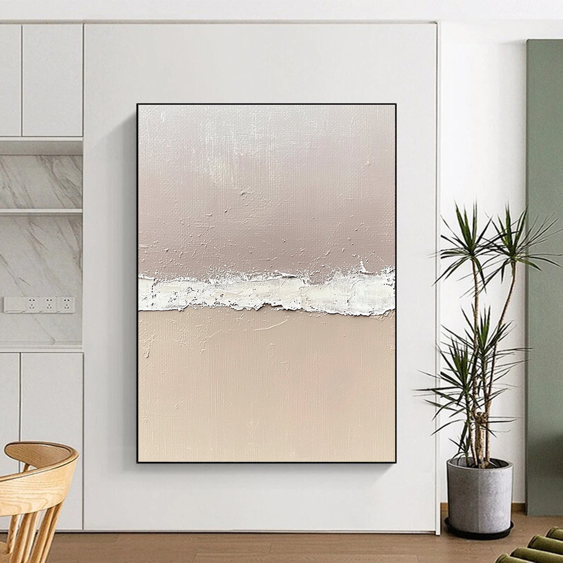 Beige and White Textured Abstract Painting with Horizontal Divide GER067