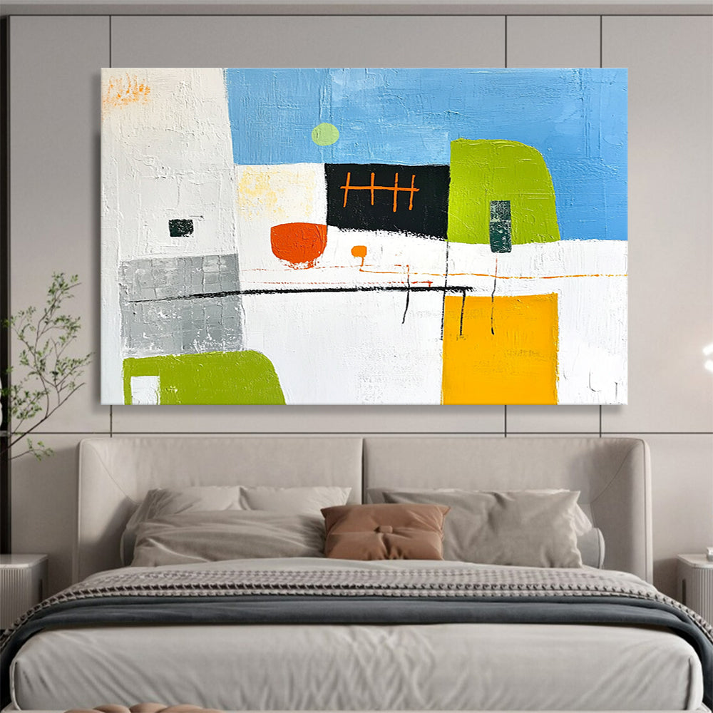 Abstract modern painting featuring architectural elements in green and yellow accents with orange lines grey buildings and a blue sky on a white background.SC099