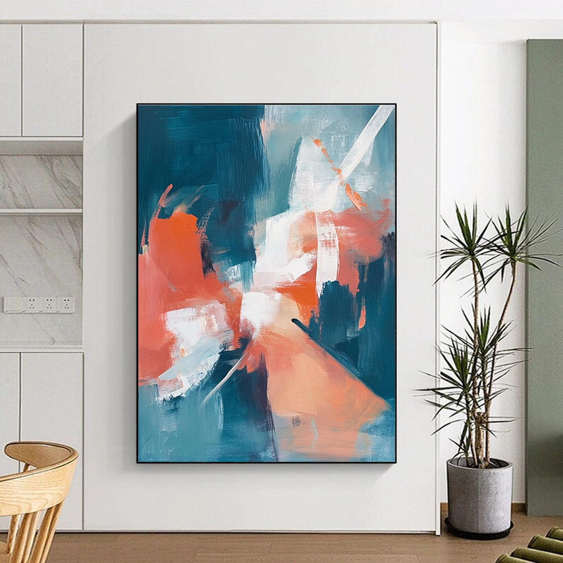 Teal and Coral Abstract Painting with Soft Textures GER641