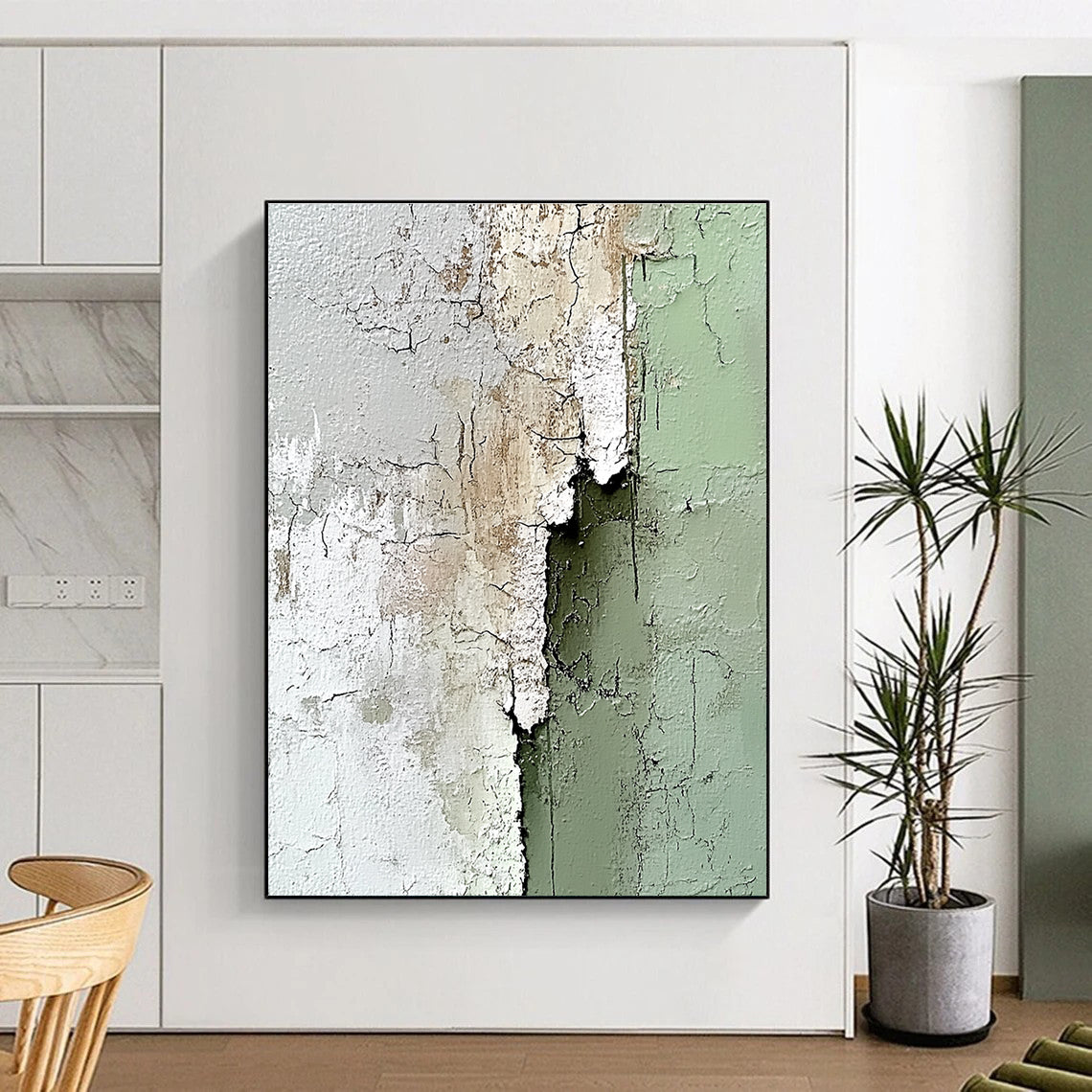 Large abstract painting with impasto texture in sage green and white showcasing peeling paint details for a unique artistic touch.STSC384