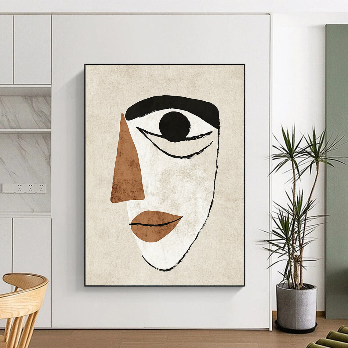 Large abstract illustration featuring a simple face with an eye and a nose in Matisse style on a textured beige background.STSC990
