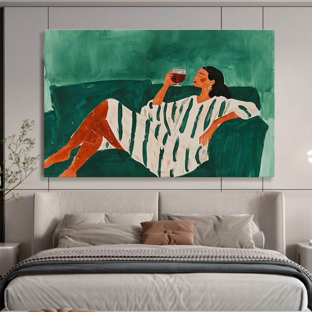 Relaxed Woman on Sofa Abstract Painting with Green and White Tones DYP582