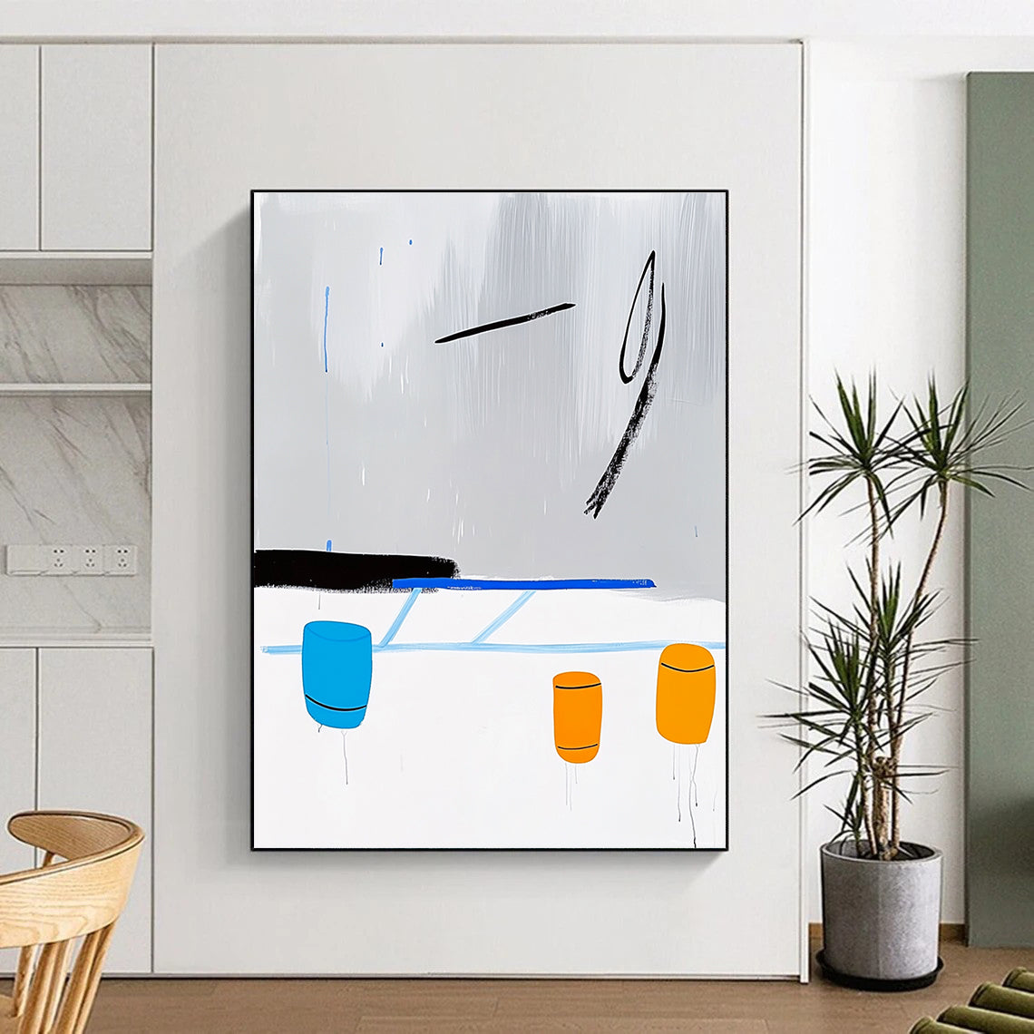A Large Abstract Artwork Featuring a Minimalist Line Drawing of an Ice Rink with Blue Lines Yellow Barrels and Rainy Grey Sky.STSC1347