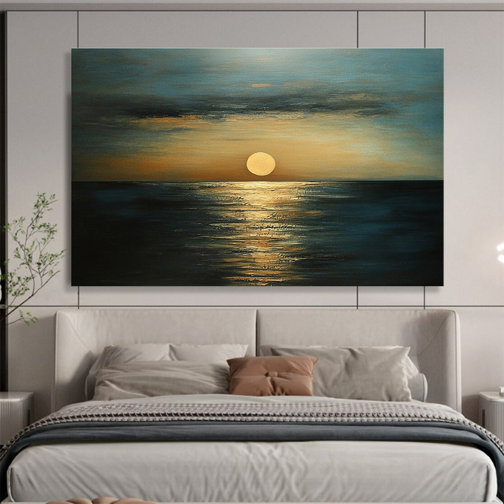 Golden Sunset Sea Abstract Painting with Orange and Blue Tones DYP571