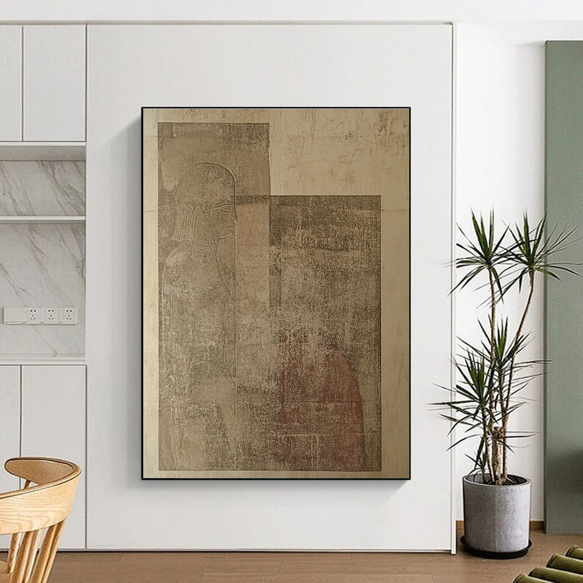 Large abstract artwork featuring ancient tablet carvings depicting two human figures against beige walls, showcasing unique artistic expression and historical intrigue.STSC1156