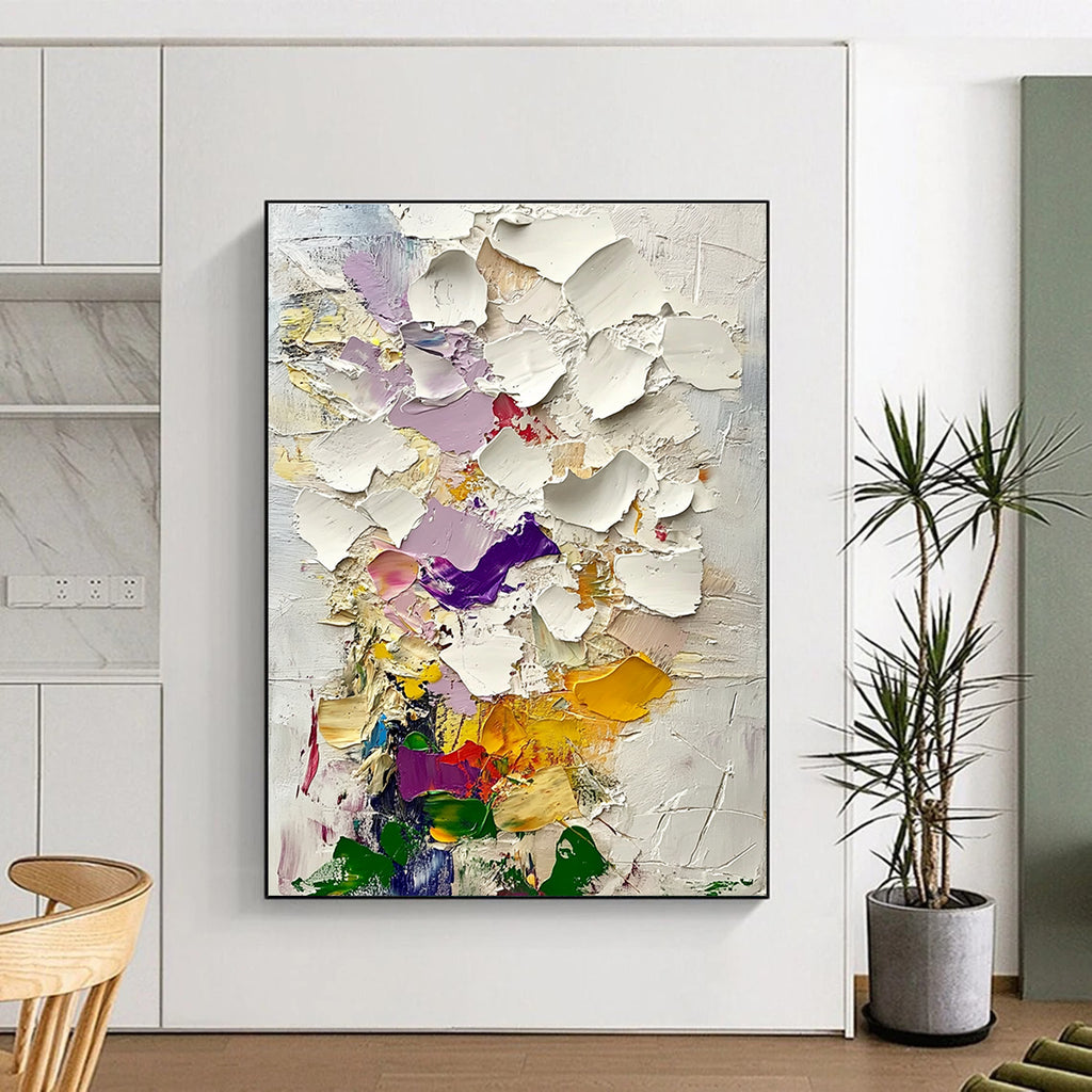 Large abstract painting of textured clouds in pinks purples and yellows with green leaves inspired by Gustav Klimt's style.STSC364