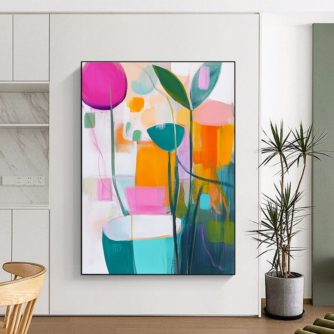 A large abstract painting featuring vibrant pastels of pink green yellow and orange on a white background that captures the essence of springtime.STSC1180