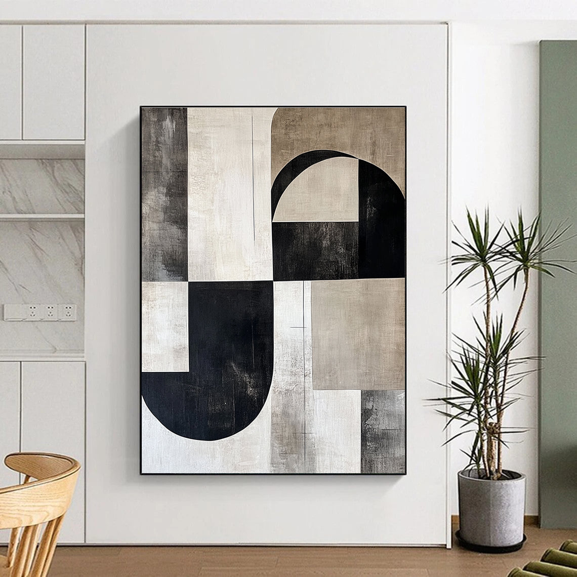 Black and Beige Geometric Shapes Abstract Painting GER211
