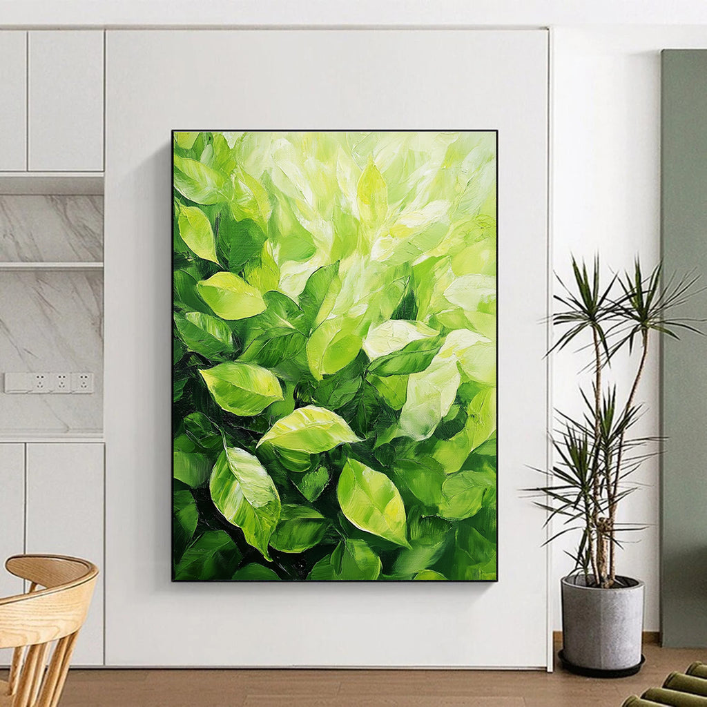 Large abstract painting featuring lush green leaves with vibrant colors and expressive brushstrokes capturing the tranquility of nature.STSC1032
