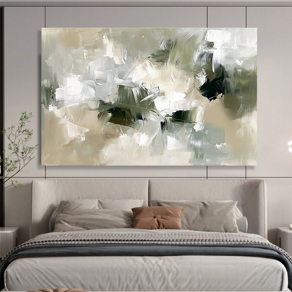Large abstract painting in neutral colors with green and white thick brush strokes and organic shapes in an impressionistic style.SC351