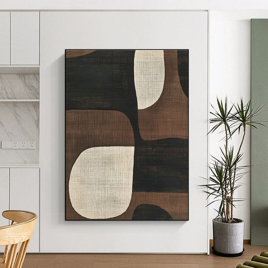 Abstract artwork featuring mid-century modern designs with simple shapes in neutral tones of black brown beige and white enhancing any space.STSC1320