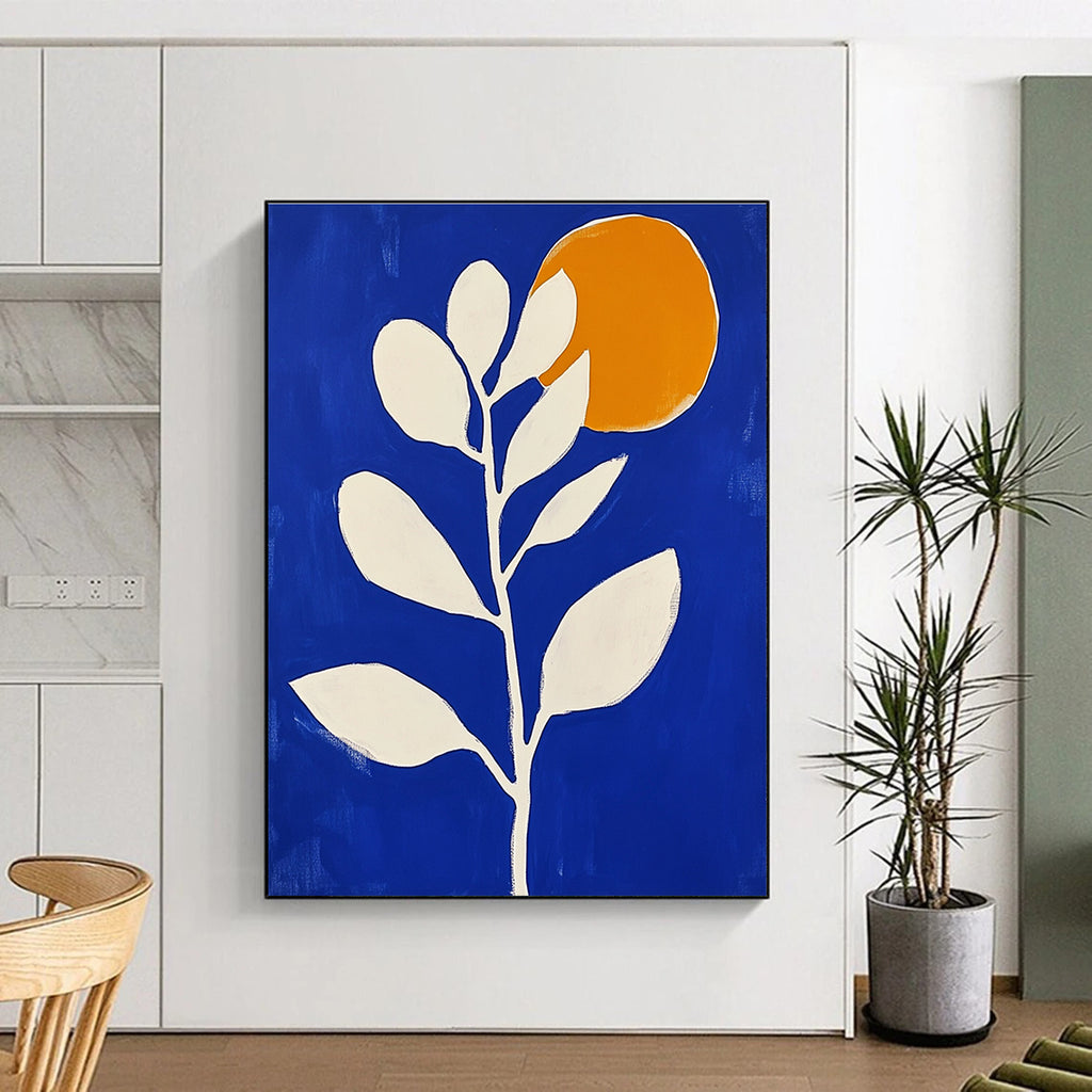 Large abstract painting in blue and white featuring minimalist flower shapes and an orange sun with bold brush strokes.STSC920