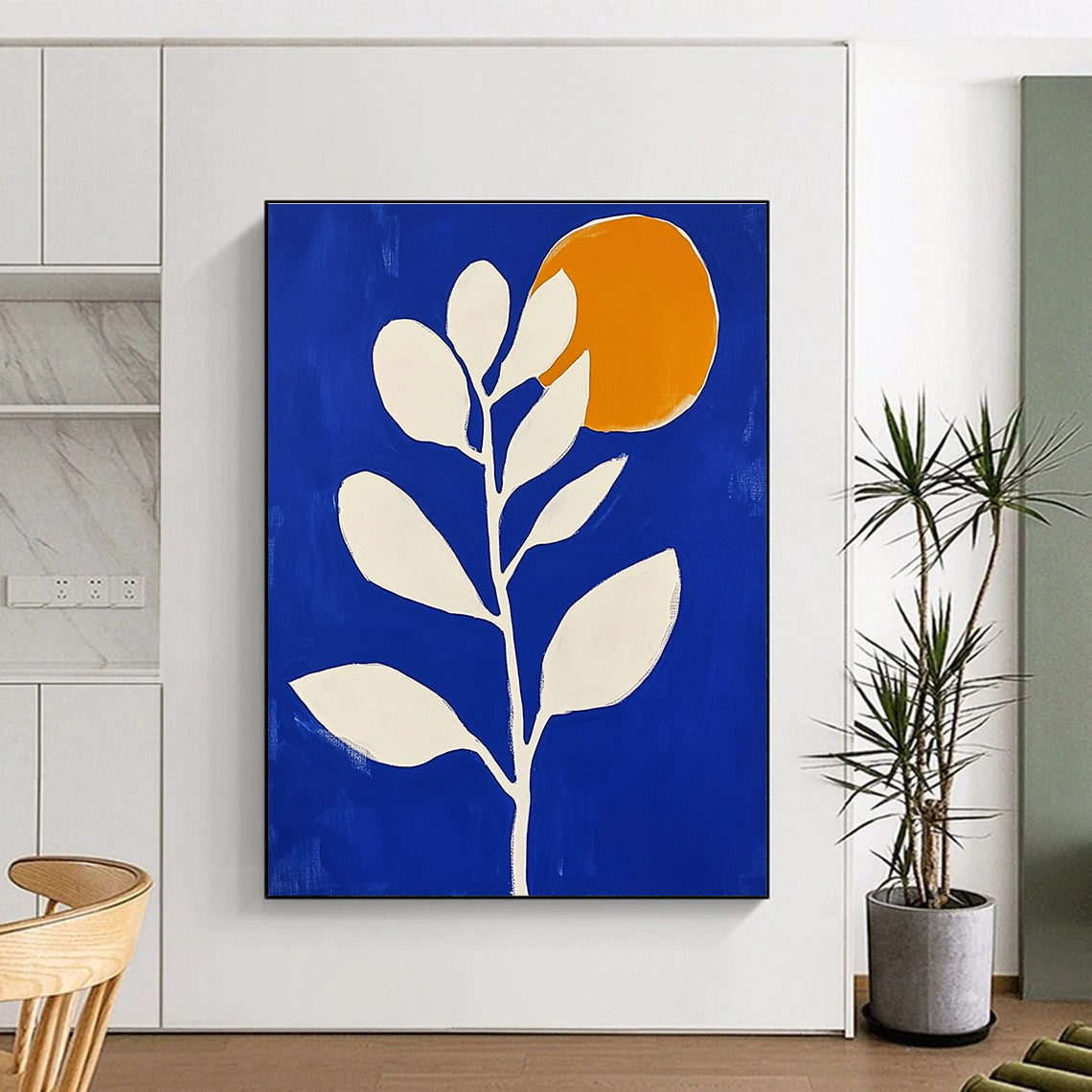 Large abstract painting in blue and white featuring minimalist flower shapes and an orange sun with bold brush strokes.STSC920
